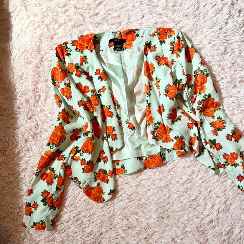 BCNU Floral Flowy Artistic Hipster Quirky Eclectic Preppy Cropped Satin Blazer